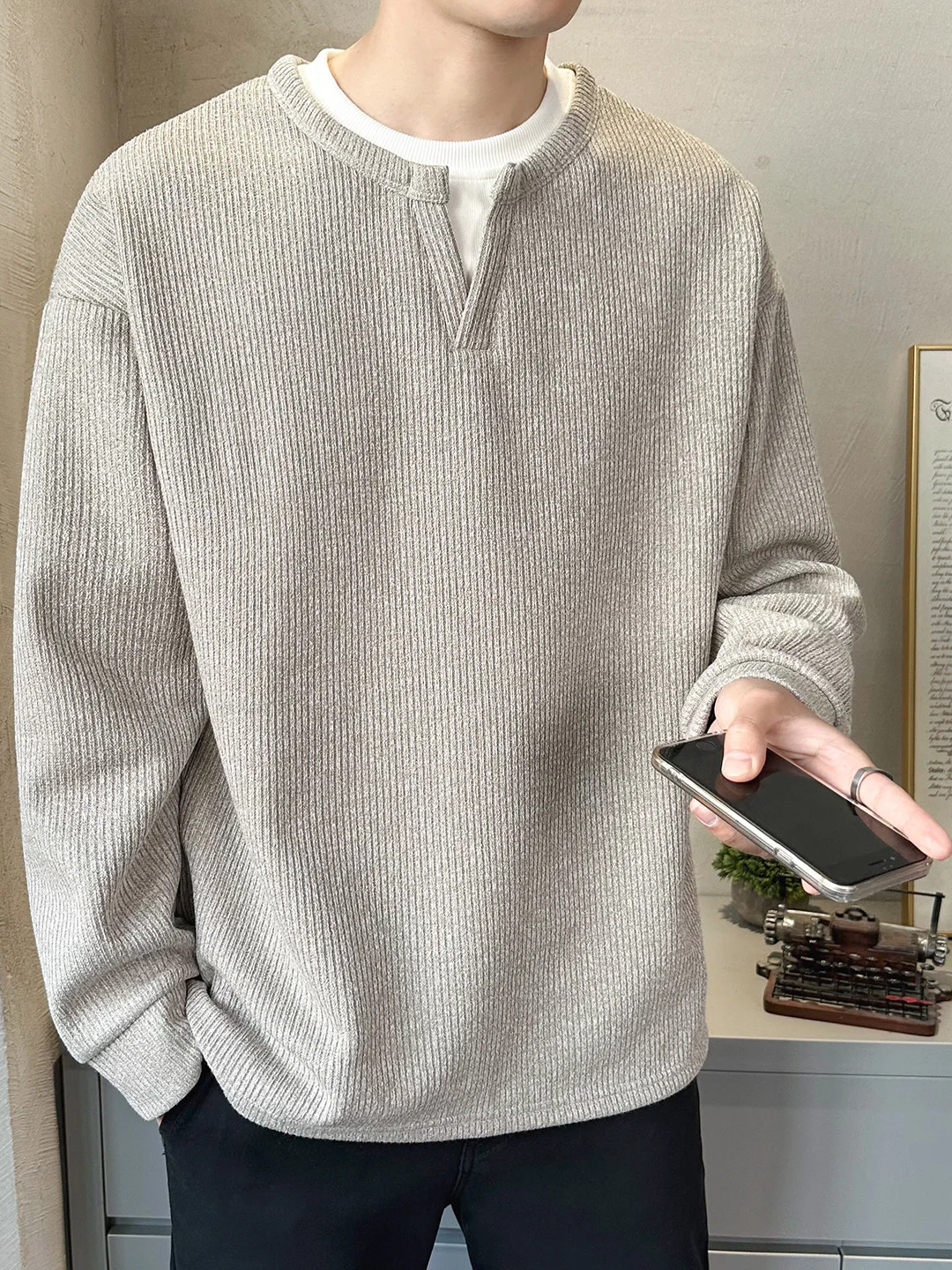 

Japanese Light Mature Sle Fake Two-Piece Hoodie Men's Spring Autumn Simple Retro Base Long Sve V-Ne T-irt Trendy Bra...