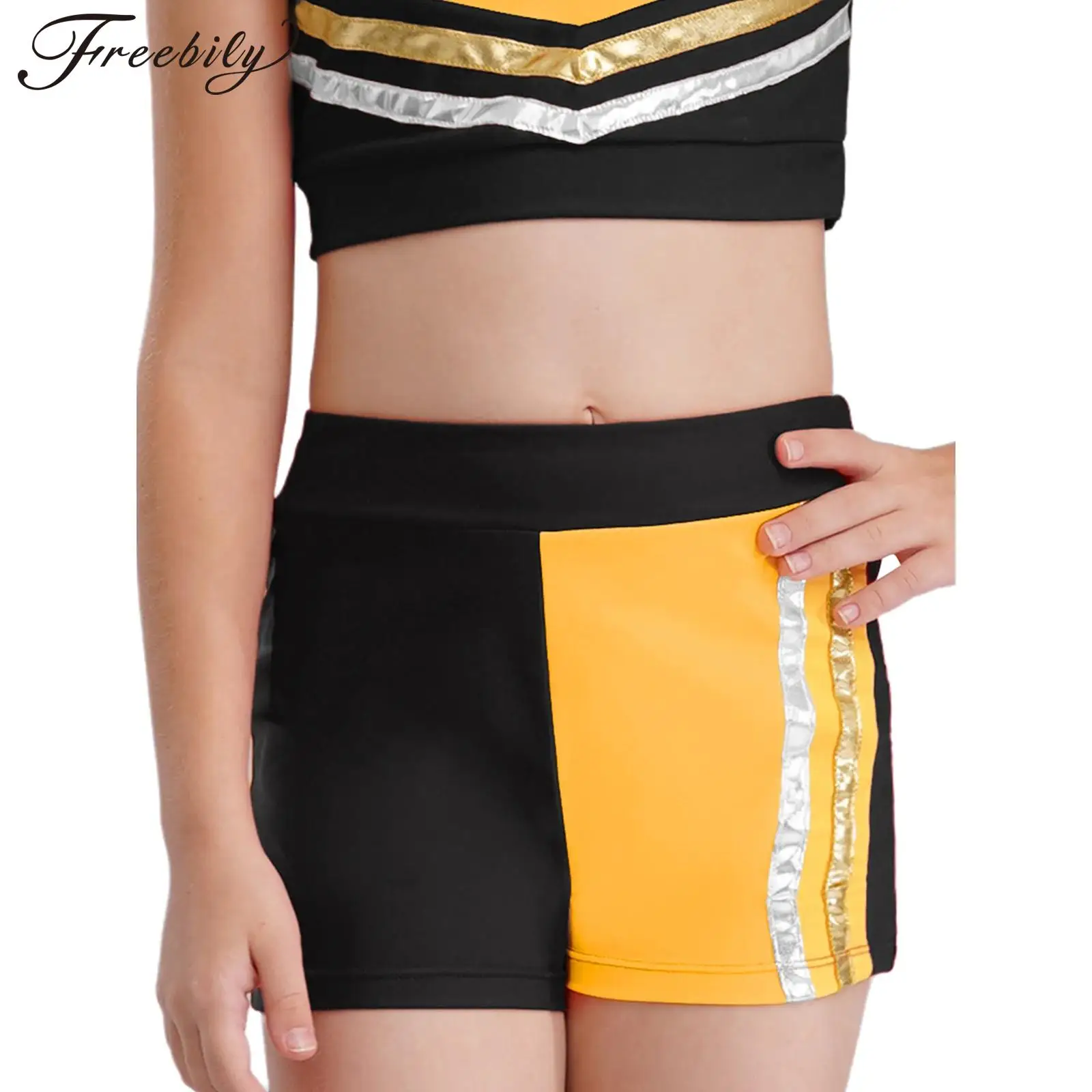 

Teen Girls Gymnastics Cheerleading Dance Costume Elastic Waistband Metallic Striped Shorts for Ballet Figure Skating Acrobatics
