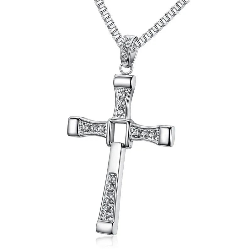 316L stainless steel Fast Furious Movies Actor Dominic Toretto Rhinestone Cross gold color Pendant Chain Necklace Men Jewelry