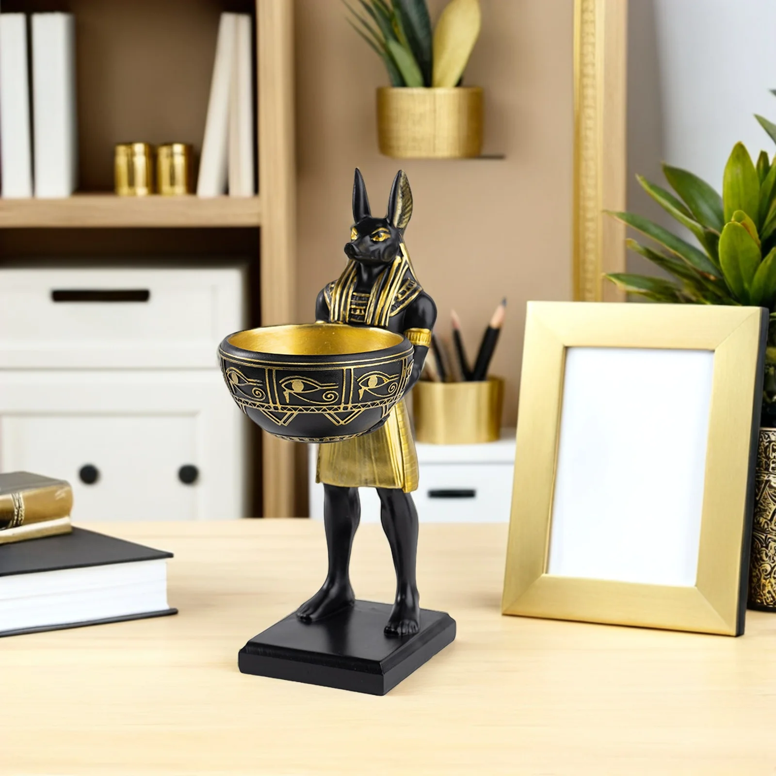 

Egyptian Anubis Statue Resin Desk Organizer Decorative Catchall Tray for Keys Jewelry Coins Entryway Candy Dish Halloween