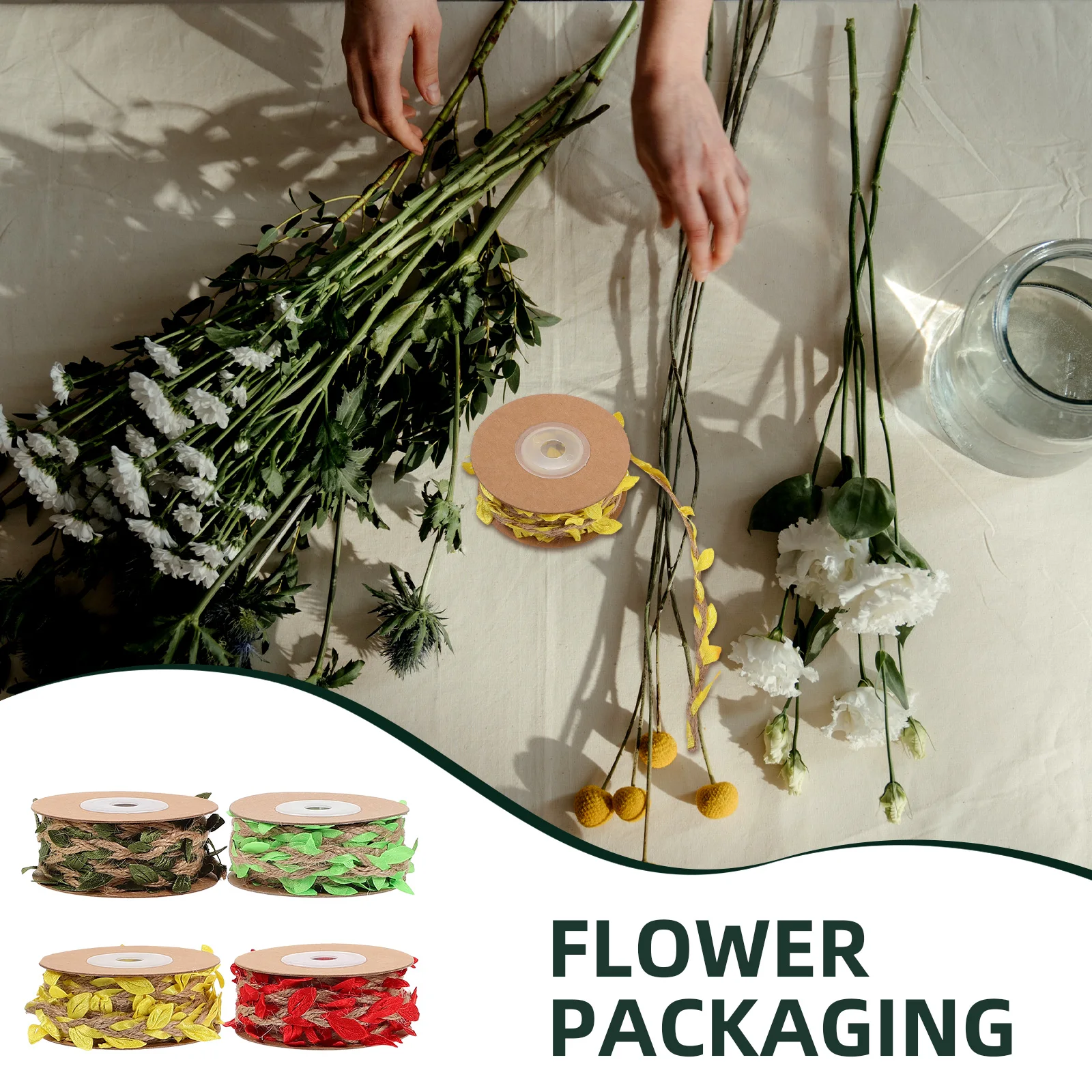 

4 Rolls Realistic Forest Hemp Rope with Simulated Leaves Durable Floral Packing Crafting Hemp Rope Bouquet Wrapping Garden