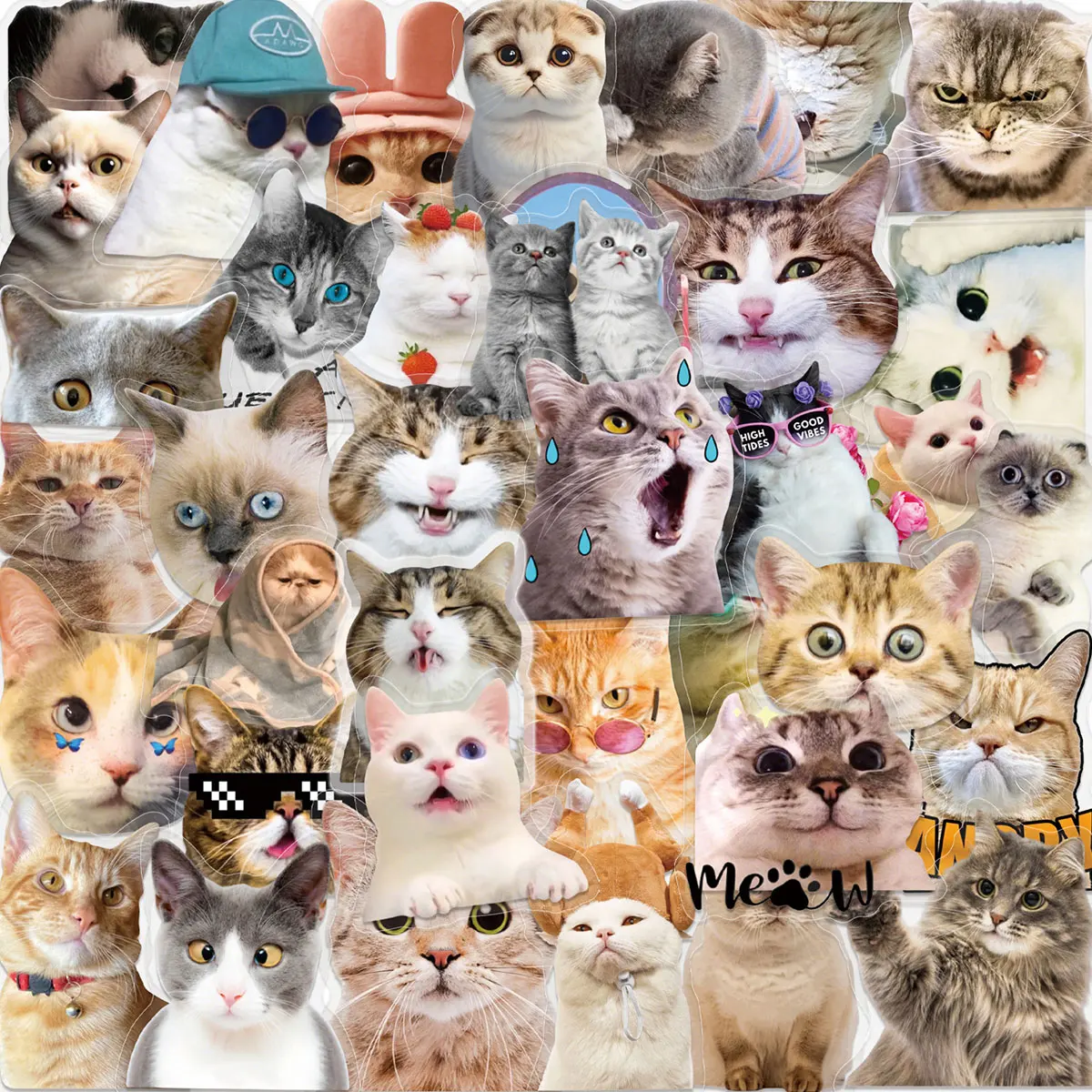 50 New Transparent Hakimi Cat Emoticon Stickers for Phone Cases, Luggage, Guitars, Water Bottles, and Waterproof Decals