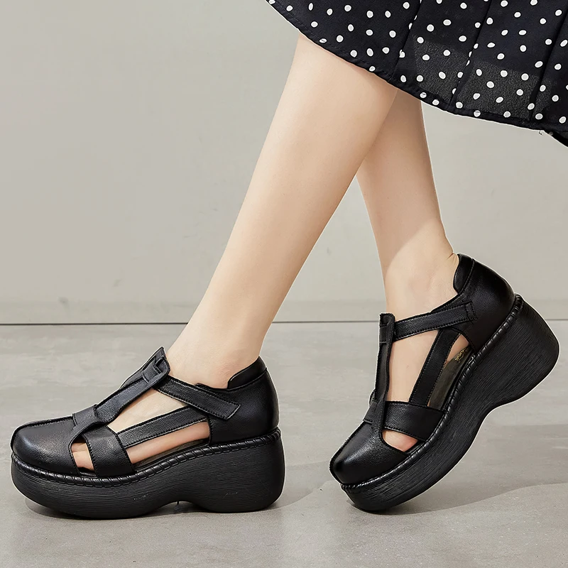 DRKANOL Fashion Retro Summer Shoes Women Wedges Sandals Handmade Genuine Leather Hollow Platform Casual Sandals Female Black