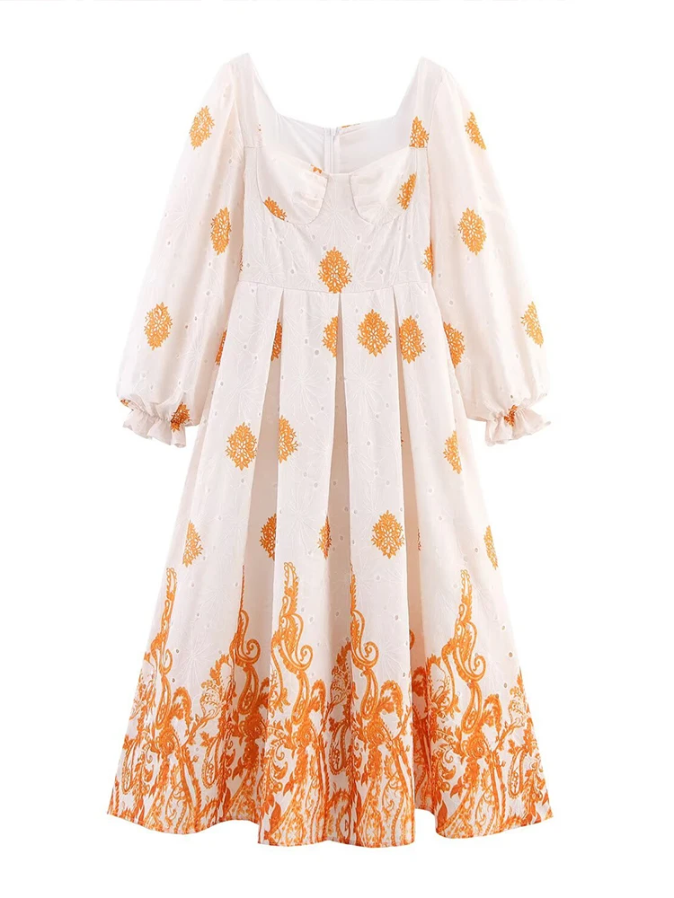 

Summer new women's French retro temperament simple square collar lantern sleeve hollow embroidery high waist dress