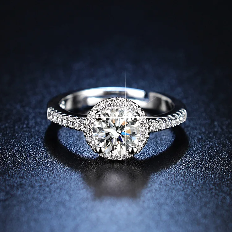 Chinese Style Auspicious Blessing White Gold Plated 1 2 Carat Simulated Moissanite Engagement Ring Adjustable Open Size Wedding