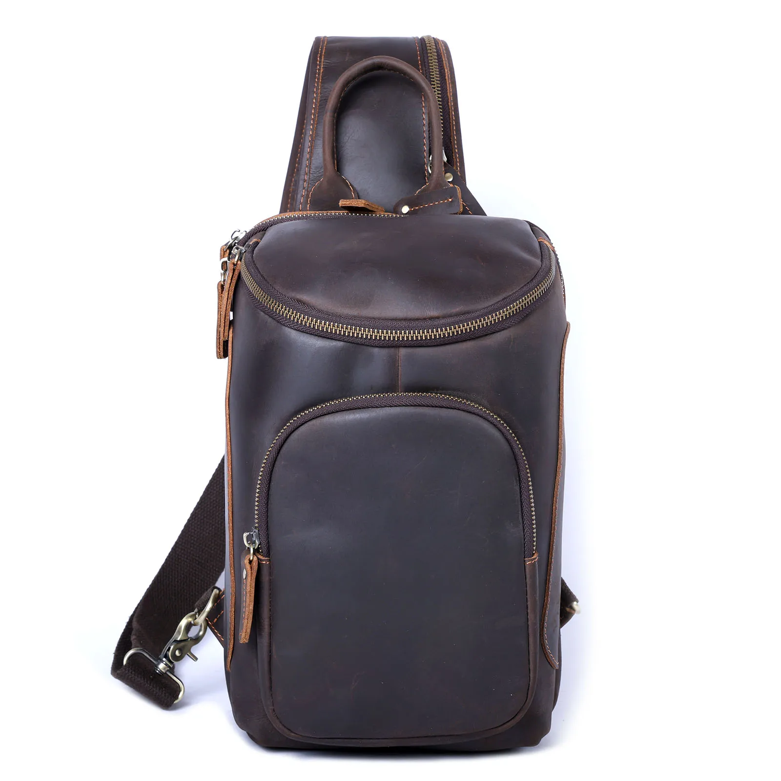 Hochwertige Echtleder-Brusttasche für Herren, Vintage Vollnarbenleder-Umhängetasche, Herren-Schultertasche, Sling Bag, Tagesrucksack – Detail 7
