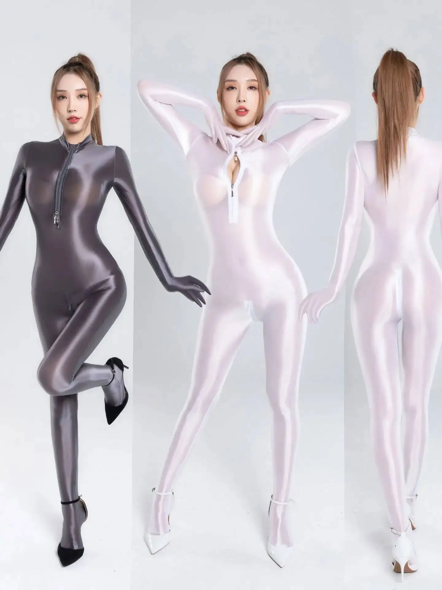 Sexy Shiny Smooth Silky Double-Headed Zipper Crotch-Free Footed Hand-Wrapped Long Sleeved Solid Color Bodysuits Pure Desire S5AV
