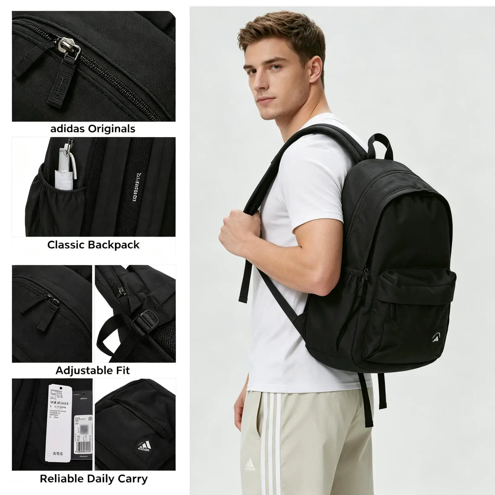 Adidas Originals Men Black Backpack Classic White Logo Casual Daypack Front Pocket Adjustable Shoulder Straps Daily Rucksack
