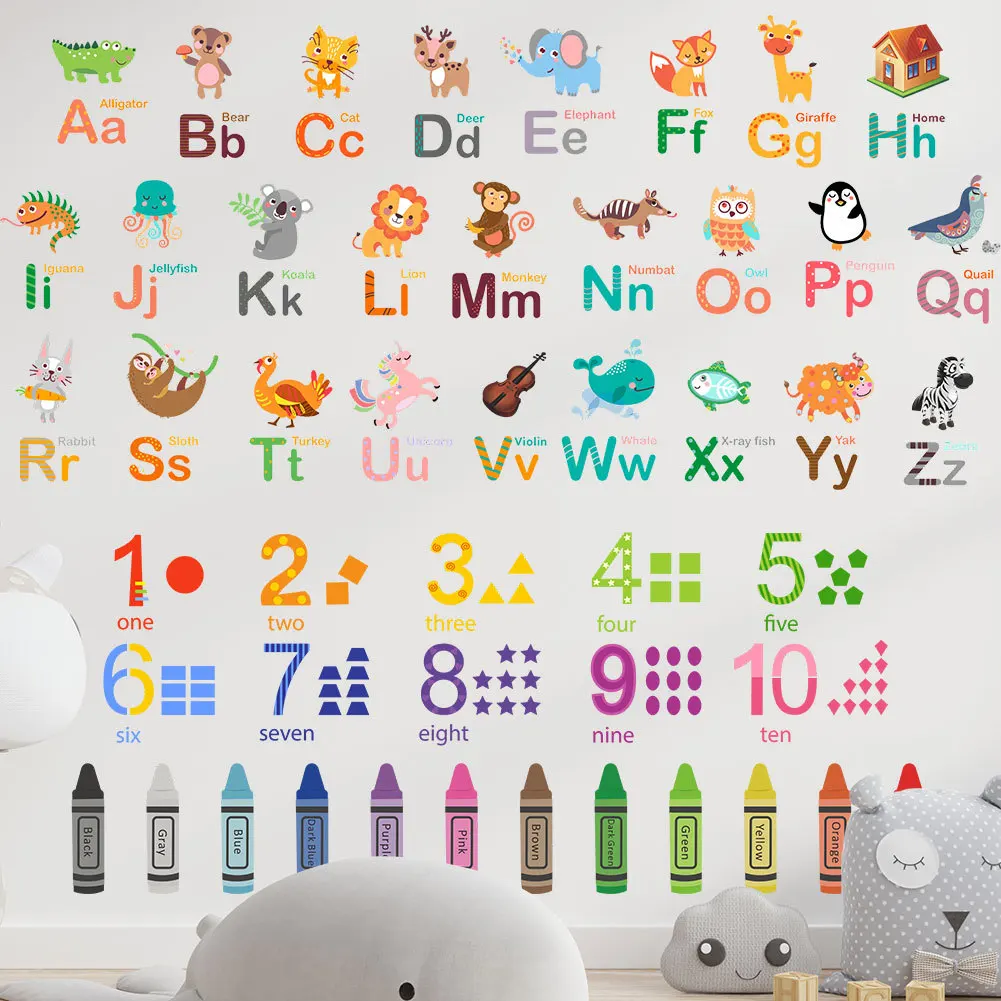 Pegatina de pared con rompecabezas del alfabeto Animal creativo de dibujos animados para habitación de niños, guardería, aula Scholl, pegatina de pared con números, decoración