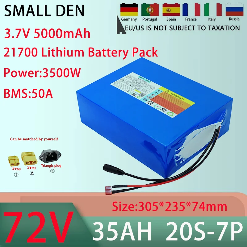 Lithium Battery Pack, 72V, 35AH, 20S7P, 21700, 50A, BMS, 100-3500W, High-Power Rechargeable Battery, 84V, 5A Charger, New