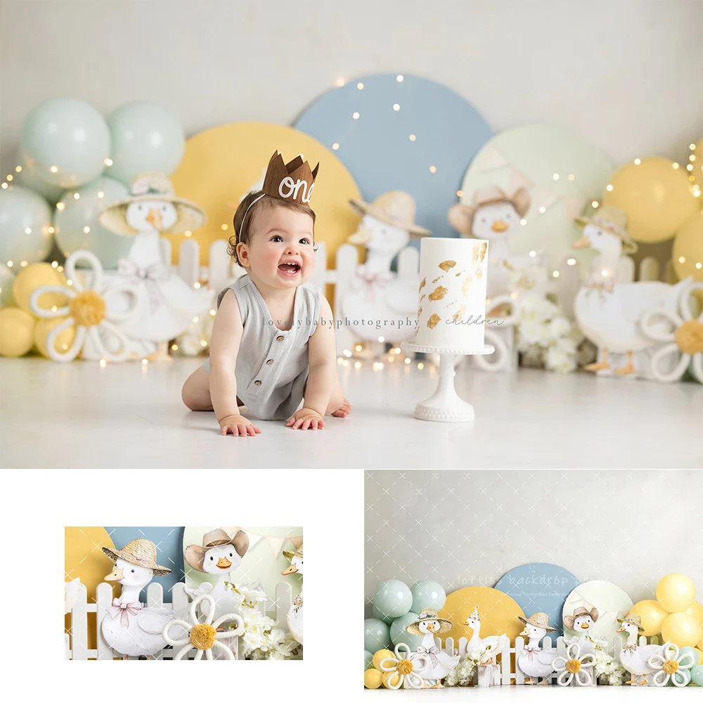 かわいい愚かなガチョウ花アーチ背景子供ベビーケーキスマッシュ-1st-誕生日小道具庭木製フェンス装飾背景