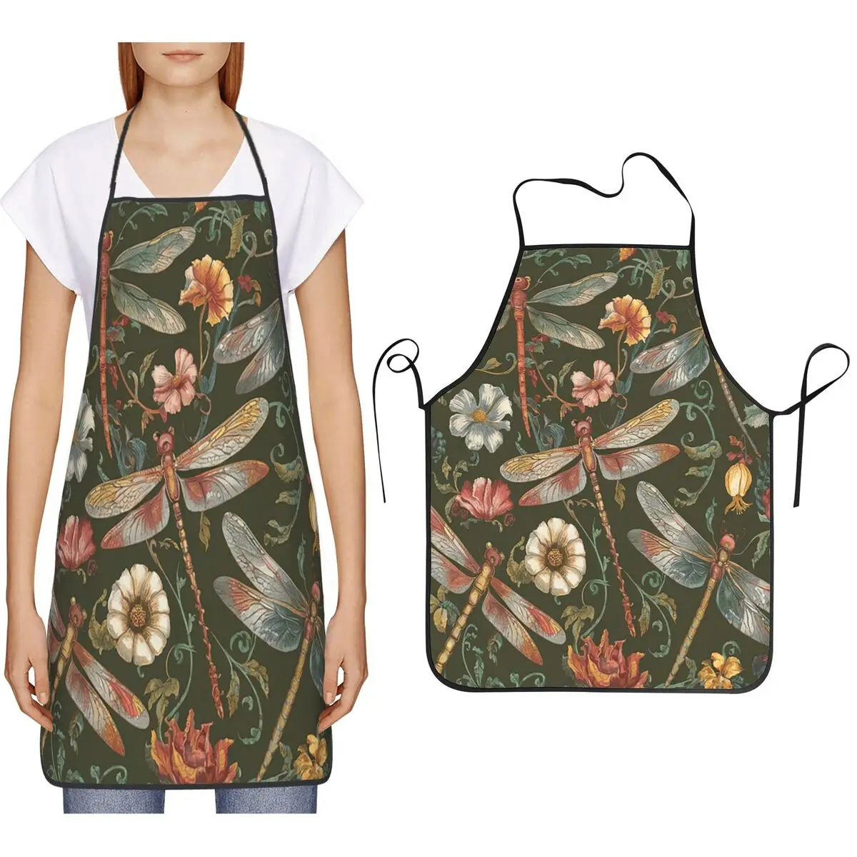 Vintage Dragonfly Pattern Artistic Aprons Chef Cooking Cuisine Tablier Bib Kitchen Cleaning Pinafore for Women Men Painting
