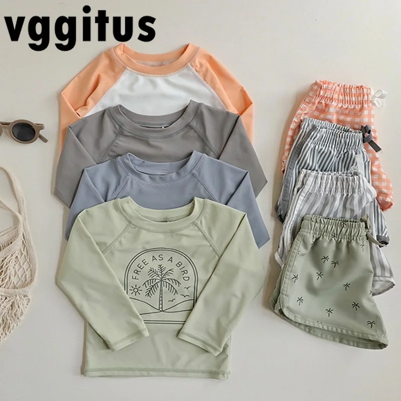 

Boys Long Sleeve Sports Split Swimwear O-neck Quick Drying Tops+Swimming Trunks+Cap Child Seaside Beach Vacation Swimsuit A8162