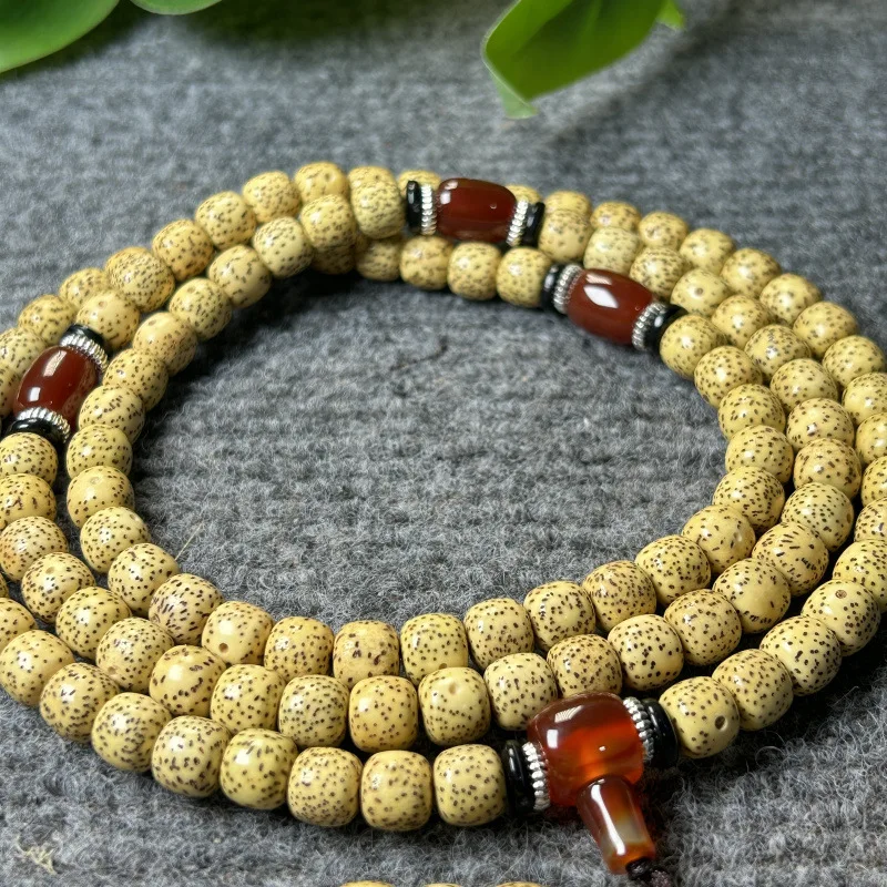 Natural Gold Xingyue Bodhi Yellow chicken grease108Red Agate Accessories Rosary Hainan Gaomi Lunar January Old Seeds Star Moon