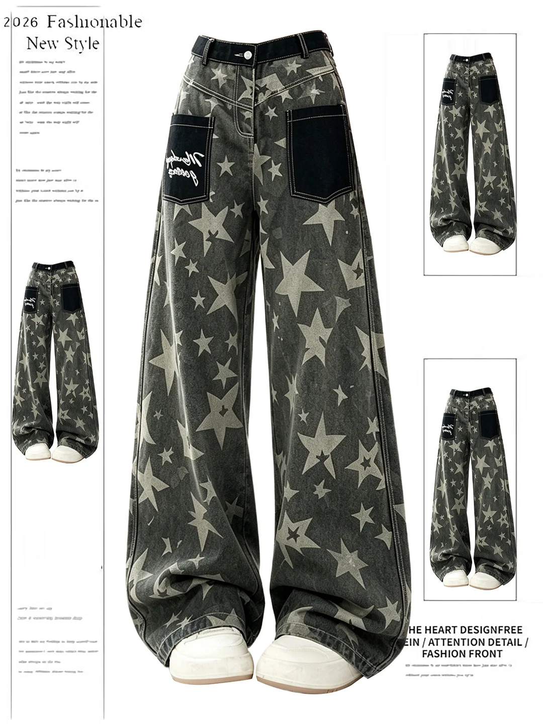 

Retro American Design Distressed Star Print Curved Knife Denim Pants Women's Summer Street Loose Casual Wide Leg Long Trousers