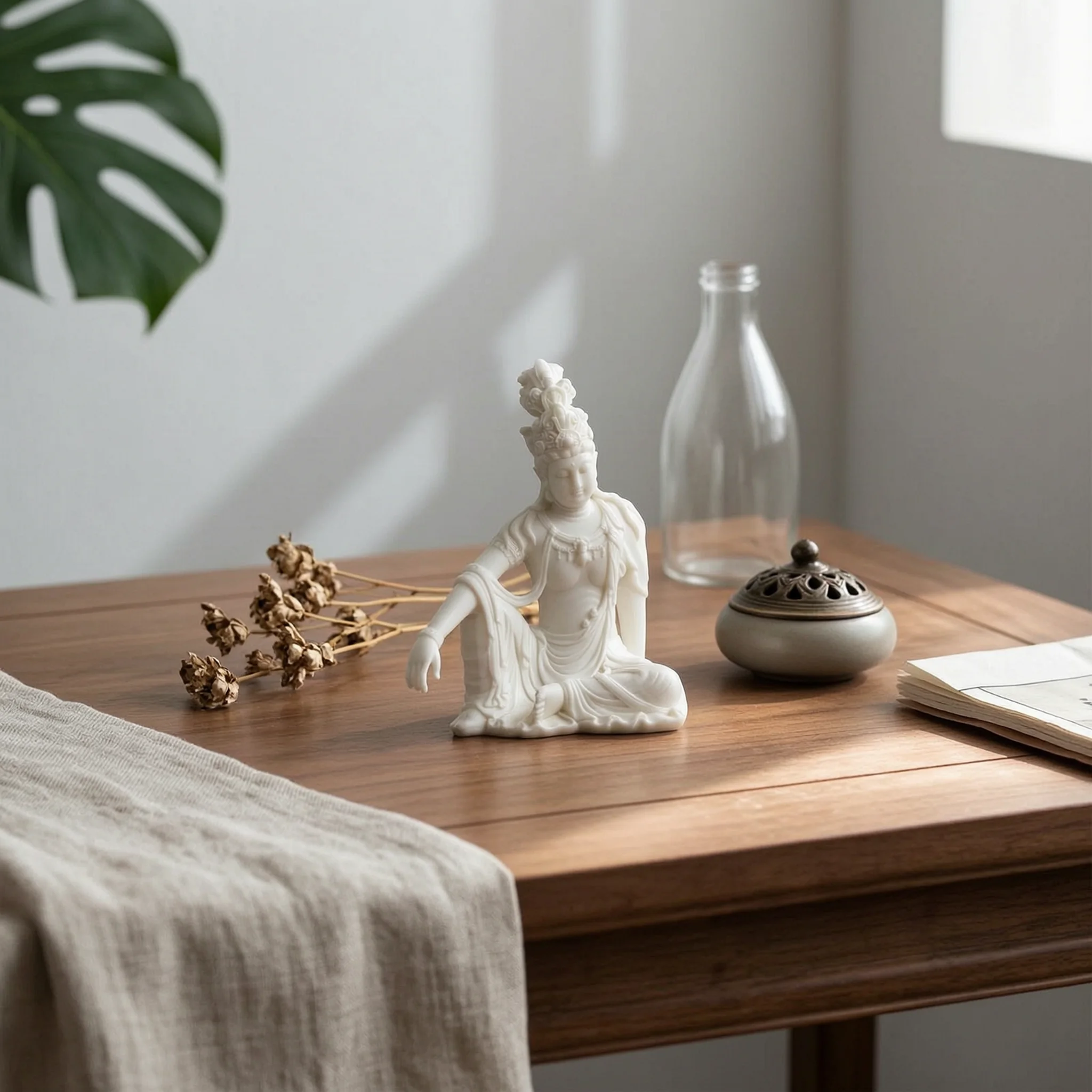 Statue de Guanyin assise, finition blanc cassé, figurine de Bodhisattva avec draperie fluide, décoration religieuse, ambiance sereine