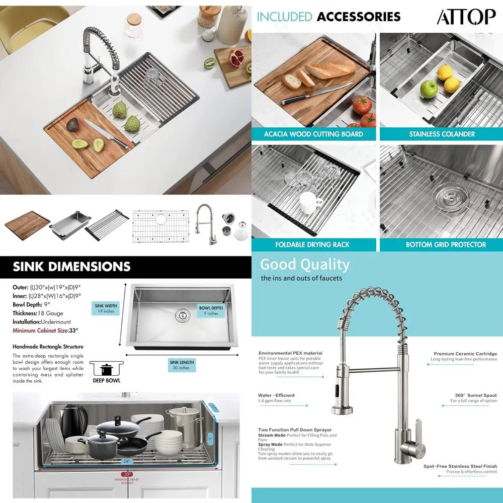 

Stainless Steel 30 Inch Single Bowl Undermount Kitchen Sink Workstation with Faucet, Durable and Functional for Modern Kitchens