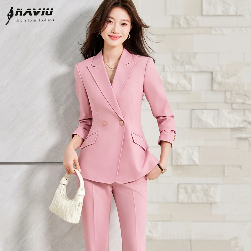 

NAVIU Women Pant Suit Pink Apricot Navy Blue Female Office Lady Business Work Wear Jacket and Trouser Formal 2 Piece Blazer Set
