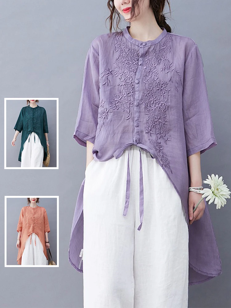 

plus Size Women's Summer Vintage Flax Embroidered Midi irt round Ne Tie Waist Asymmetrical Top Casual Thin Straight Cut