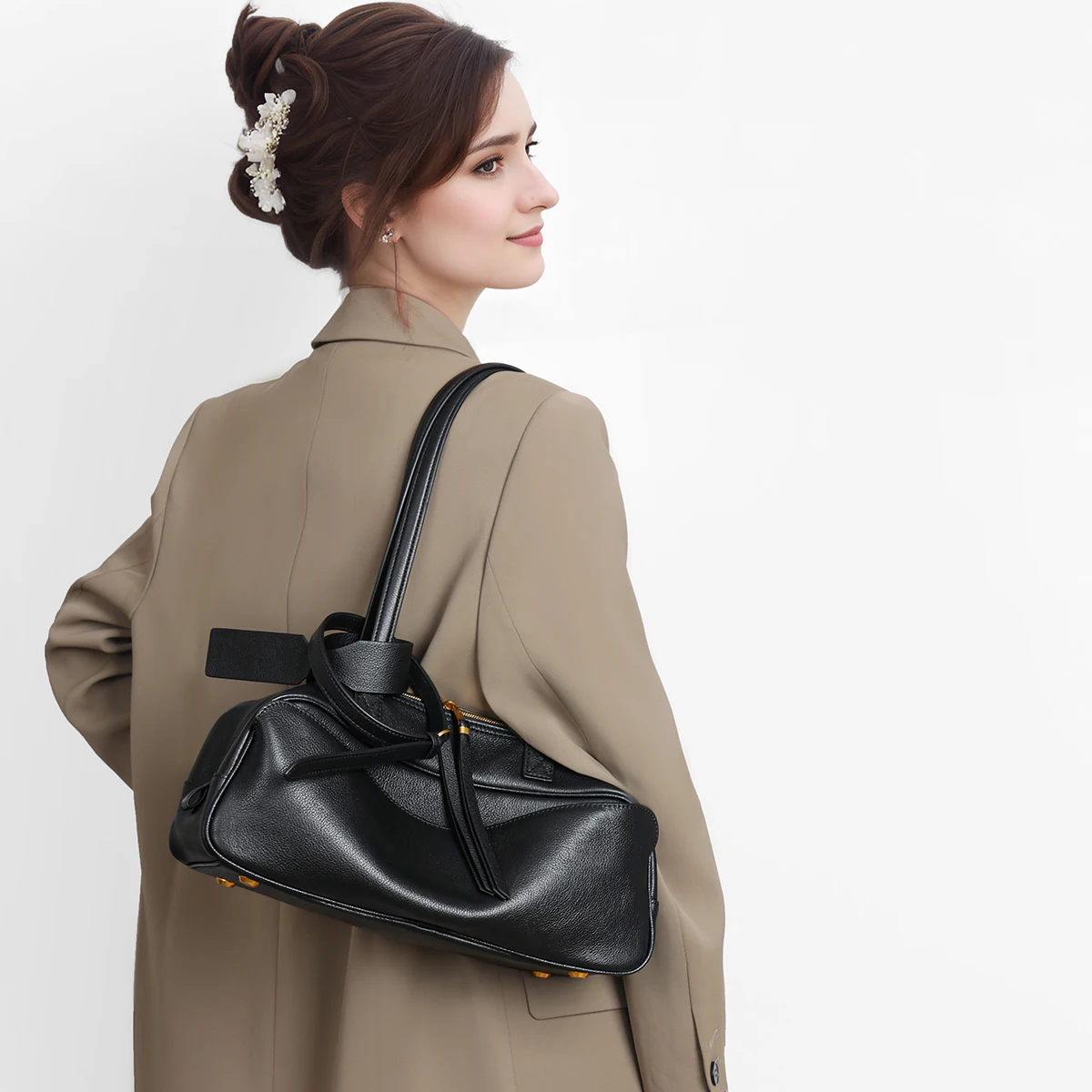 Sac de Bowling en cuir de vache de première couche, sac à bandoulière souple en cuir véritable, sac Baguette Hobo sous les bras, sac d'oreiller