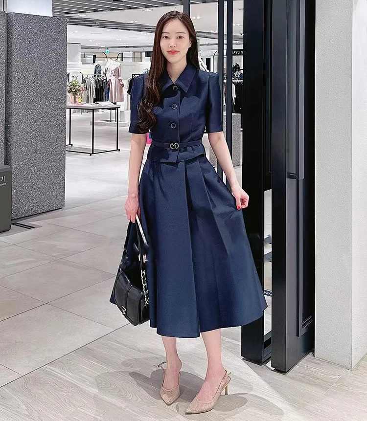 Ele Godd Set Waist-Cinching ort Sve Top with Umbrella Hem Skirt Ci Commute Ladies Faion A-Line Skirt