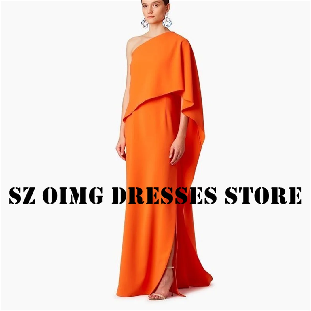 

OIMG New Design Orange Prom Dresses Arabic Women One-Shoulder Charmed Ruched Caped Sheath Evening Gowns Formal Party Dress