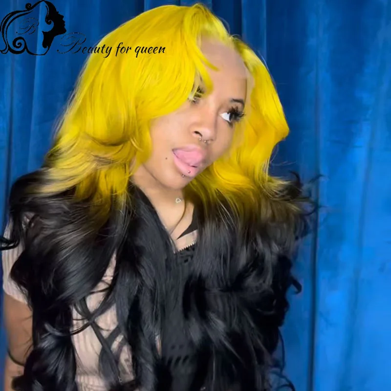 

Высококачественные парики с эффектом омбре в желто-черной гамме, с прозрачной кружевной передней частью, из бразильских окрашенных человеческих волос, для женщин, готовые к носке.