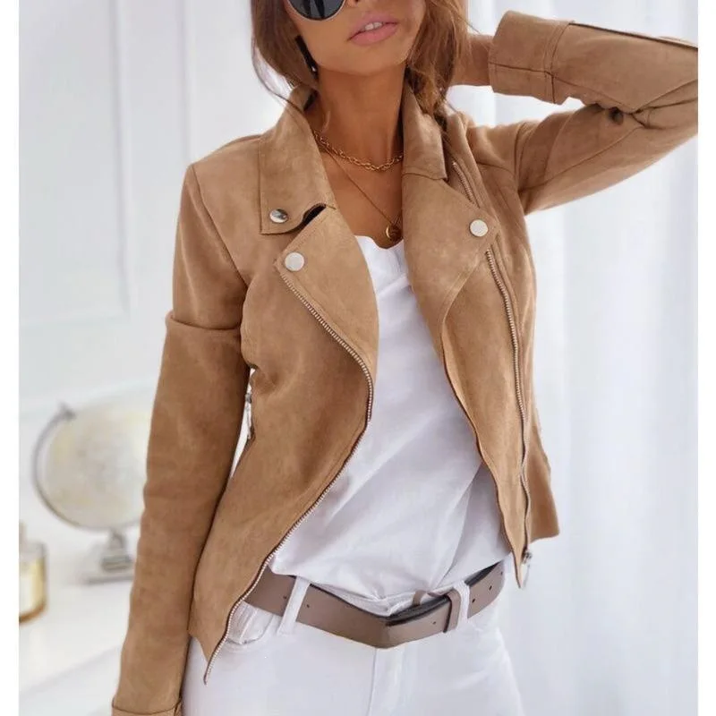 

Women's Sporty Style Zipper Trim Jacket Leather Velvet Outerwear Spring Collection Fashionable Short Coat for Ladies