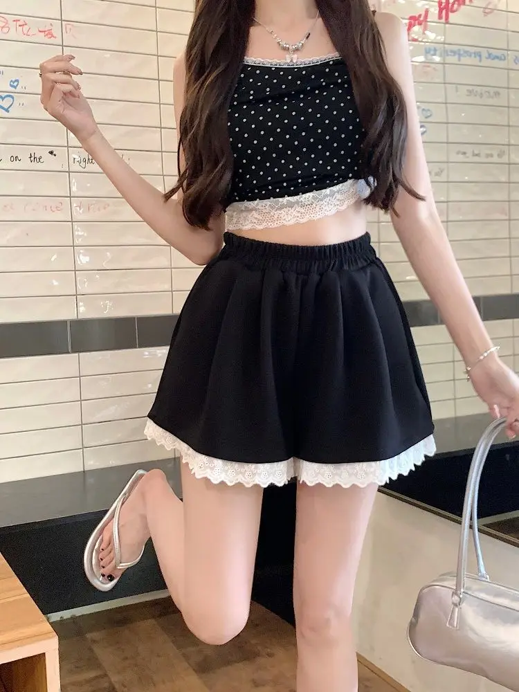Wide Leg Shorts Women Sweet High Street Casual Lace Design Harajuku Simple Solid Cute Elastic Waist Summer Fashion Preppy Style