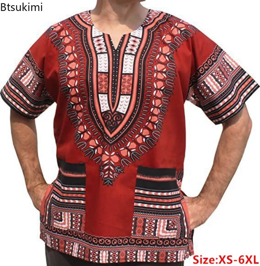 New 2024 Men\'s Summer Casual Short Sleeve Tops Shirt Fashion Design African Traditional Print Cotton Dashiki Shirt for Male 6XL