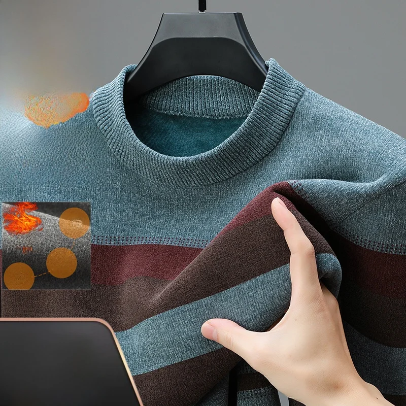 Men's Winter Thiened Fce f-High Collar Knitted Sweater Casual Stripe Faionable Base irt Soft Warm Long Sve