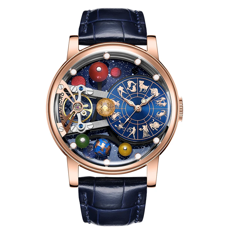 HANBORO Men Automatic Watch 43.5mm Mechanical Wristwatch Luminous Constellation Dial Floating Globe