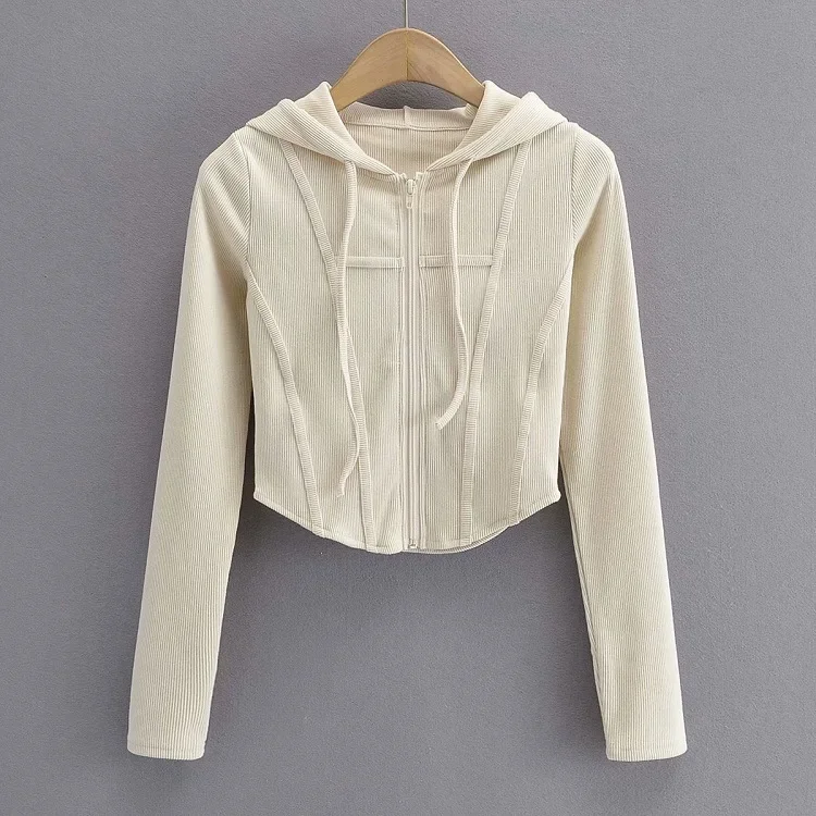 Women Zip Up Crop Fitted Top With Curve Hem and Tapes Detail Fashion Long Sleeve Jacket Coat