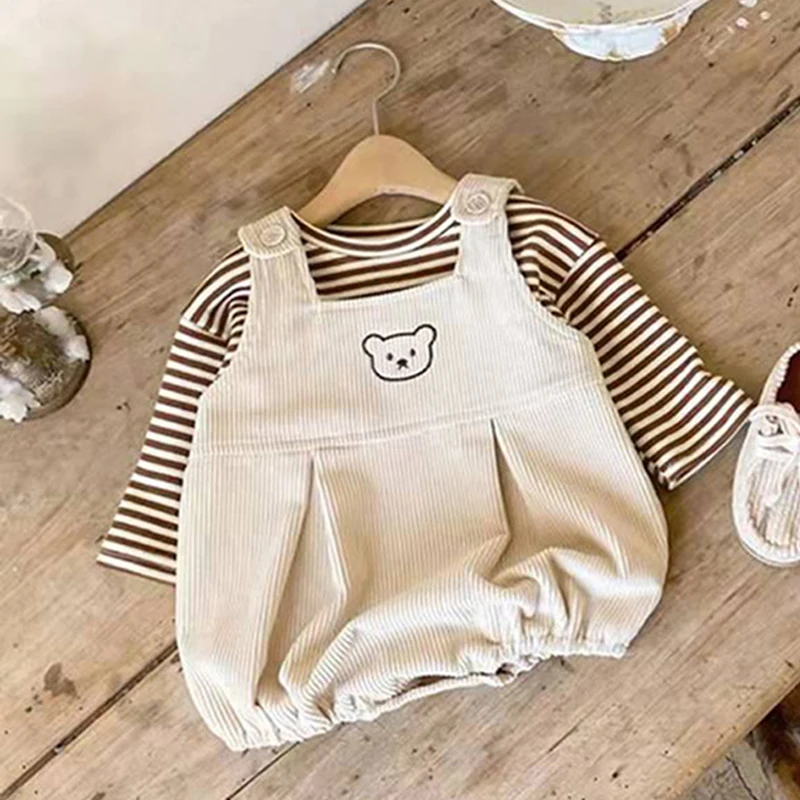 

Autumn Baby T-Shirts Corduroy Sling Rompers Suit for Boys Cotton Stripe Pullover Cartoon Bear Kids Overalls Infant Girls Clothes