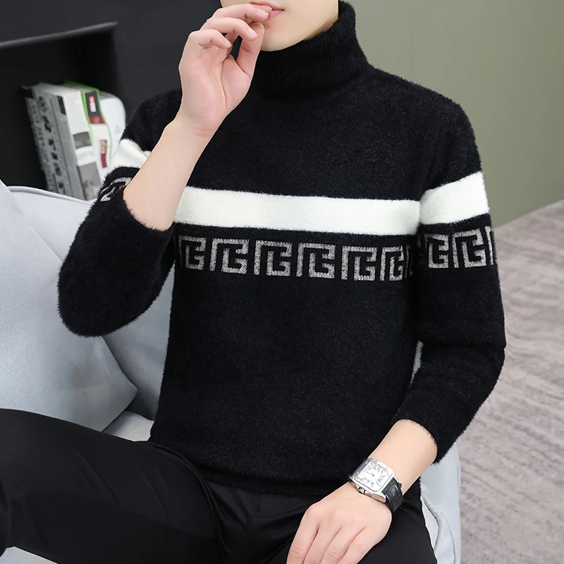 2024 Winter Thick Warm Turtleneck Sweater for Men Fashion Knitted Jacquard Slim Casual Bottoming Shirt Social Knitwear Pullovers