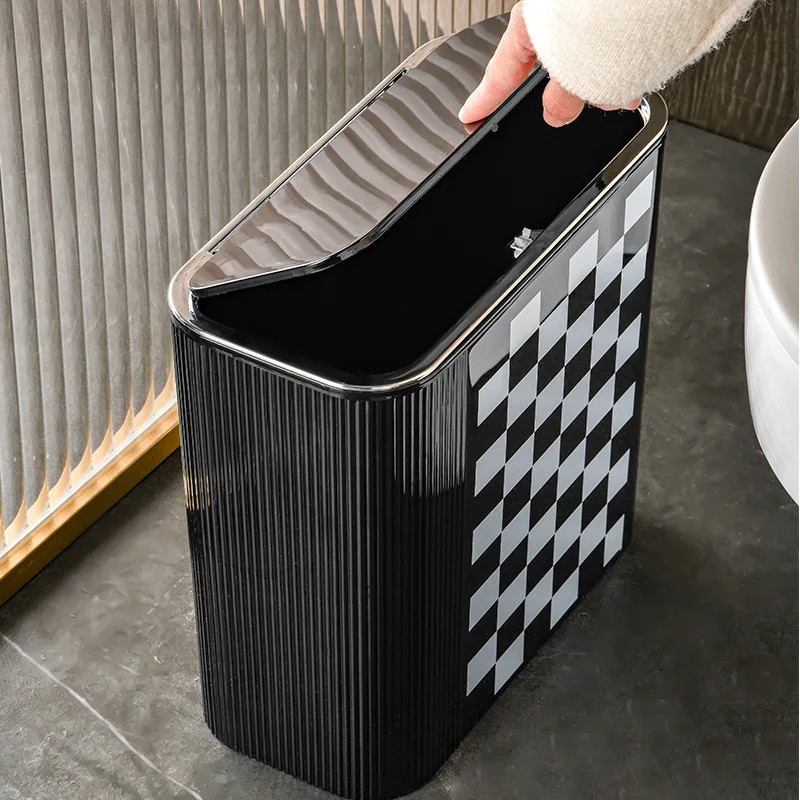 Chess Pattern Large Capacity Garbage Bin Household Toilet Toilet Paper Basket Kitchen Living Room Press Type Sewn Garbage Bin