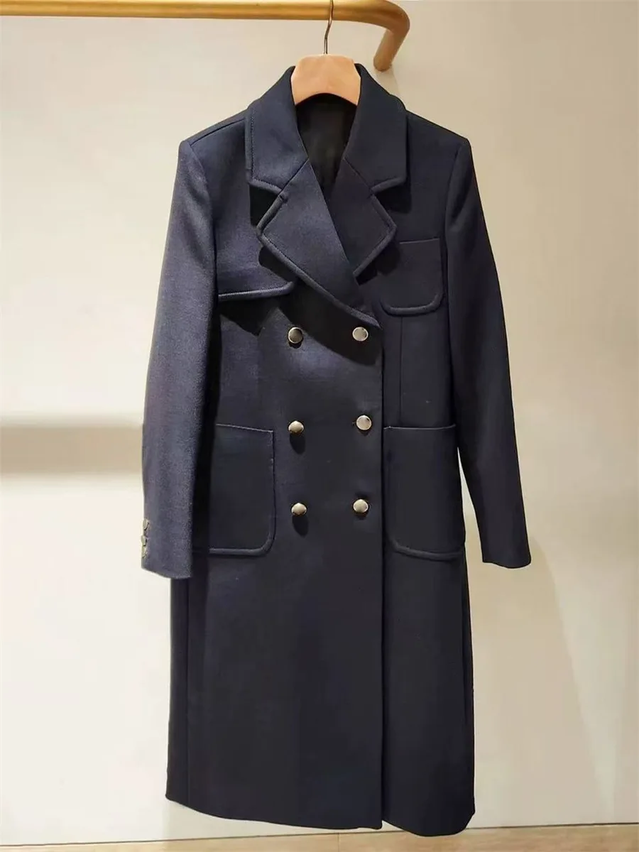 

Новое осенне-зимнее длинное пальто в британском стиле, темно-синее, двубортное, с лацканами, женская верхняя одежда из полиэстера, вискозы, шерсти и спандекса