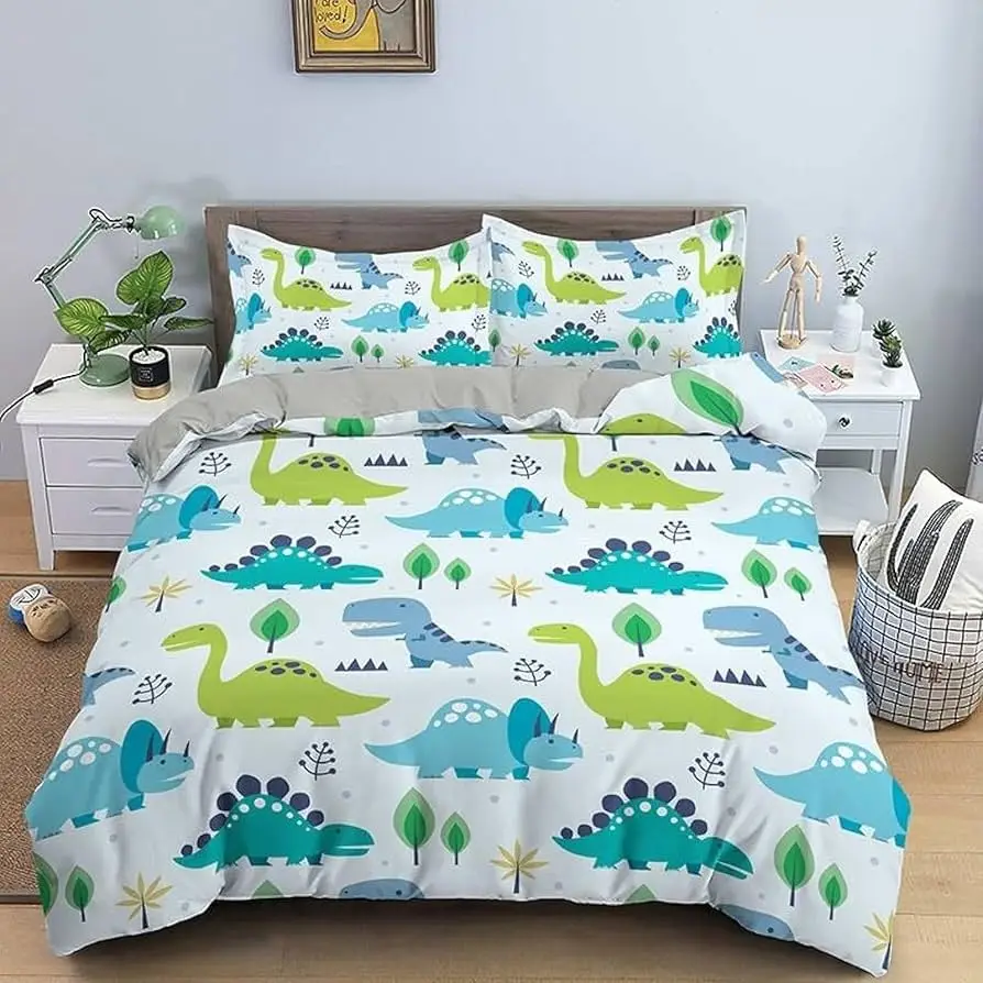 Cartoon Dinosaur Duvet Cover Kawaii Dinosaurs Comforter Cover Jungle Ancient Animals Bedding Set For Girls Boys Full King Size