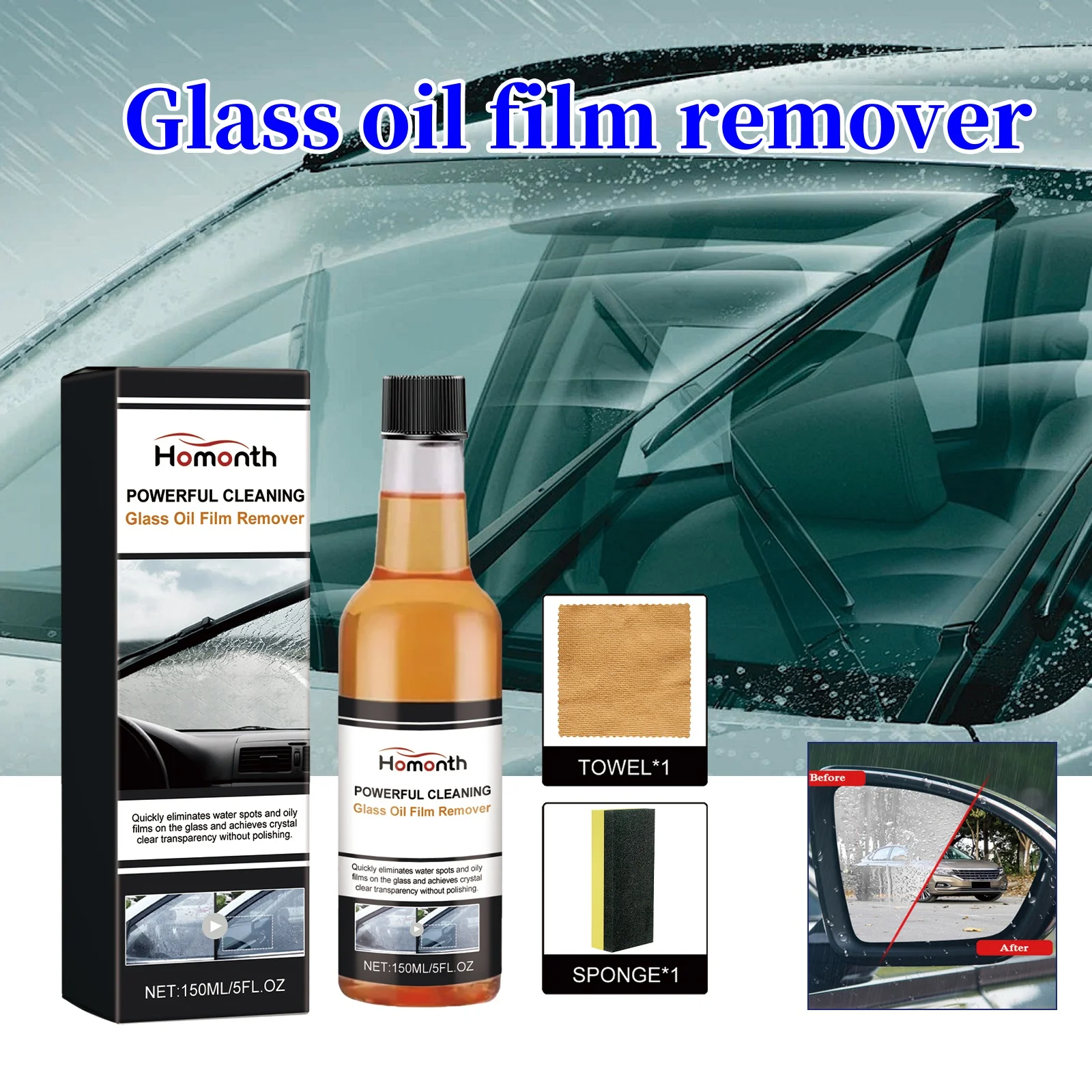 Windshield Oil Film Cleaner 150ml Powerful Glass Washing Agent With Towel And Sponge Car Glass Care Professional Automotive