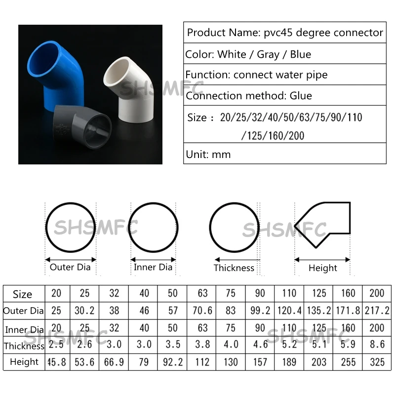 Pcv I.D 20/25/32/40/50/63mm zaopatrzenia w wodę rura UPVC złączki 45 stopni złącza kątowe złącze z tworzywa sztucznego wody do nawadniania części