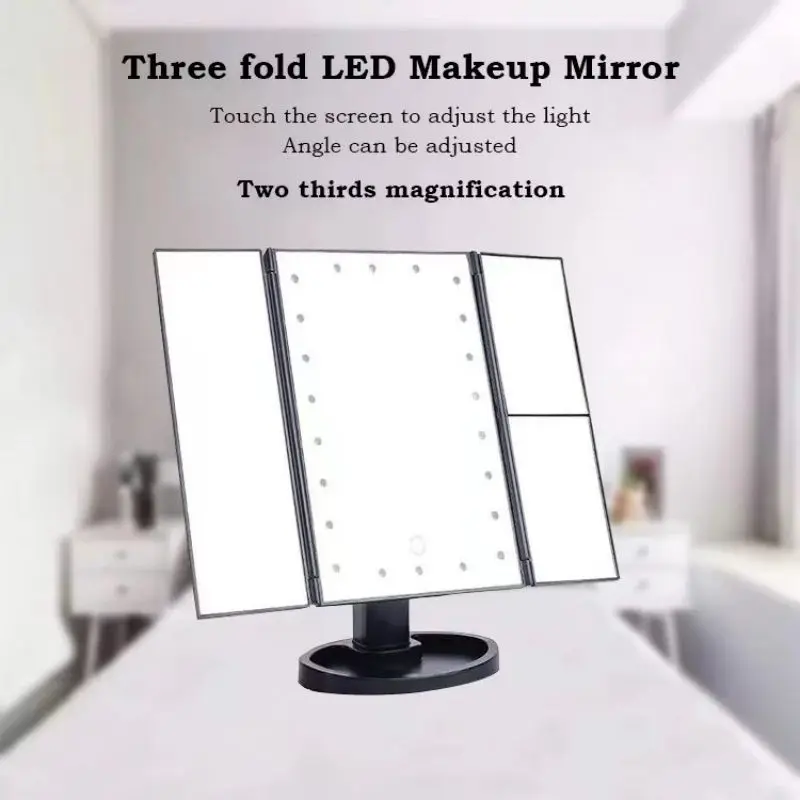 

Cordless Tri-Fold LED Makeup Vanity Mirror with 22 Lights, 1x/2x/3x Magnification, Tray Storage, Dimmable, 180 Degree Rotation