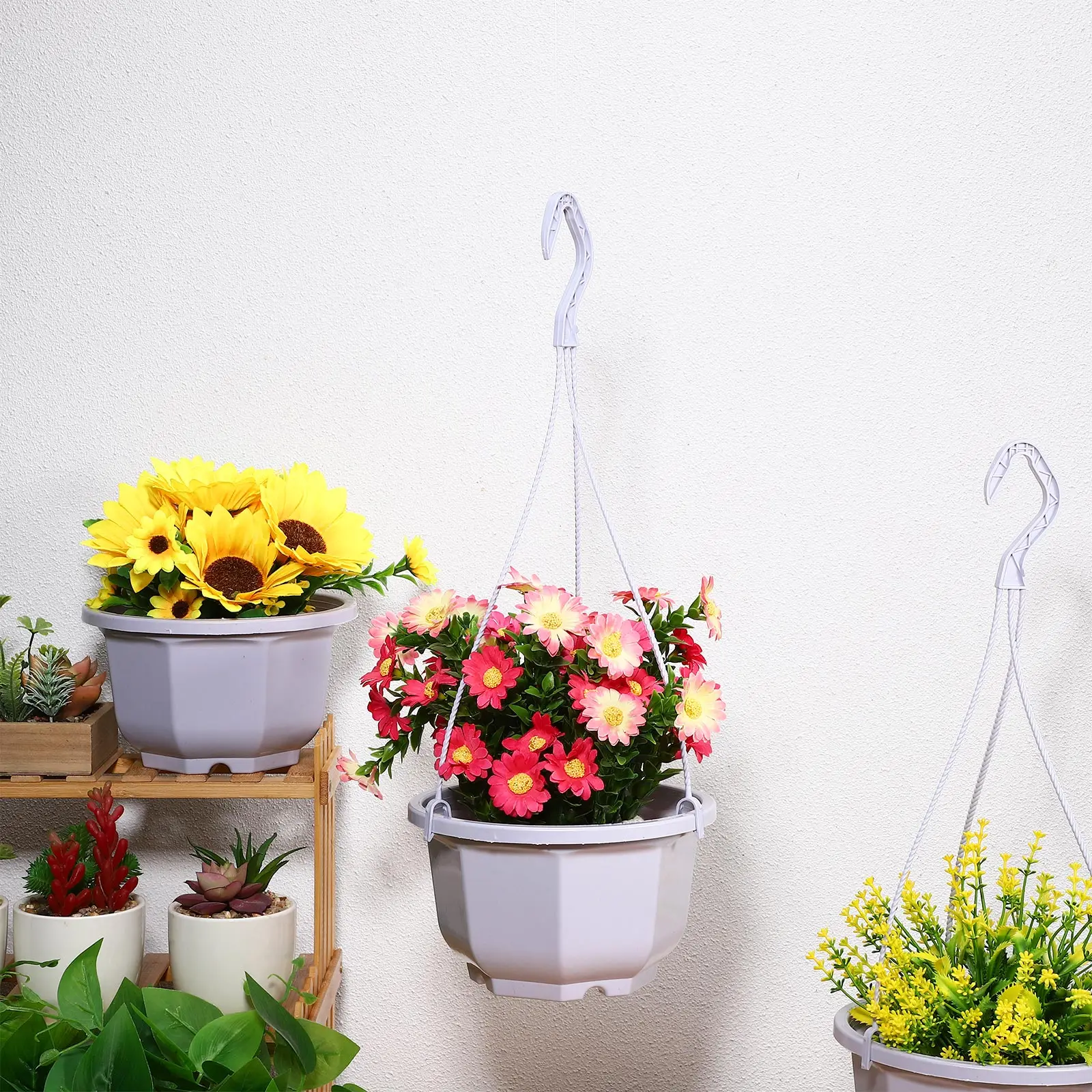 

10 Pcs Hanging Planters Plastic Flower Pot White Color Balcony Garden E180 Hooks Spider Plants Container