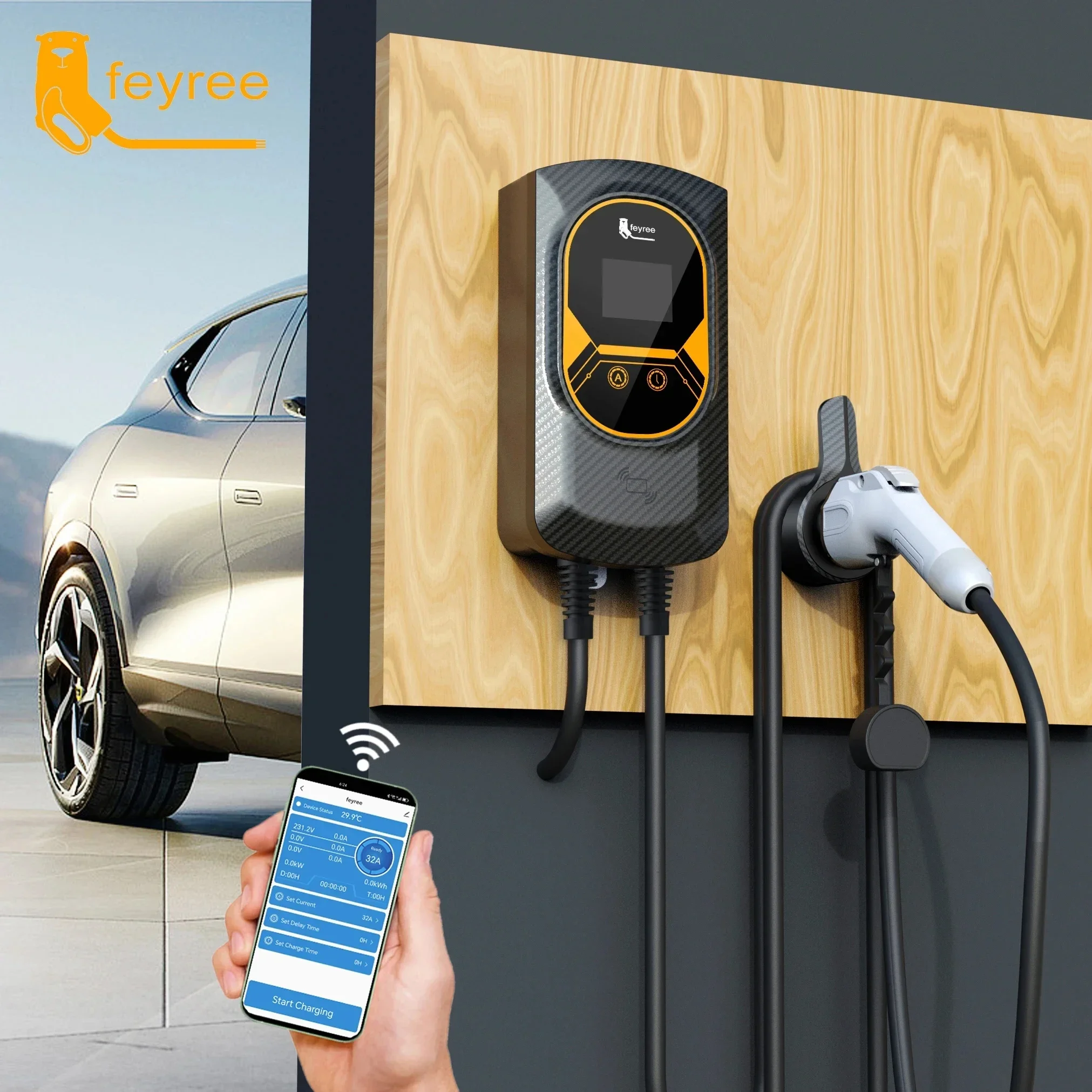 feyree EV Charger GB/T Cord 16A 32A EVSE Wallbox 7KW 11KW 22KW APP Control RFID Card Control 5m Cable for Electric Vehicle Car