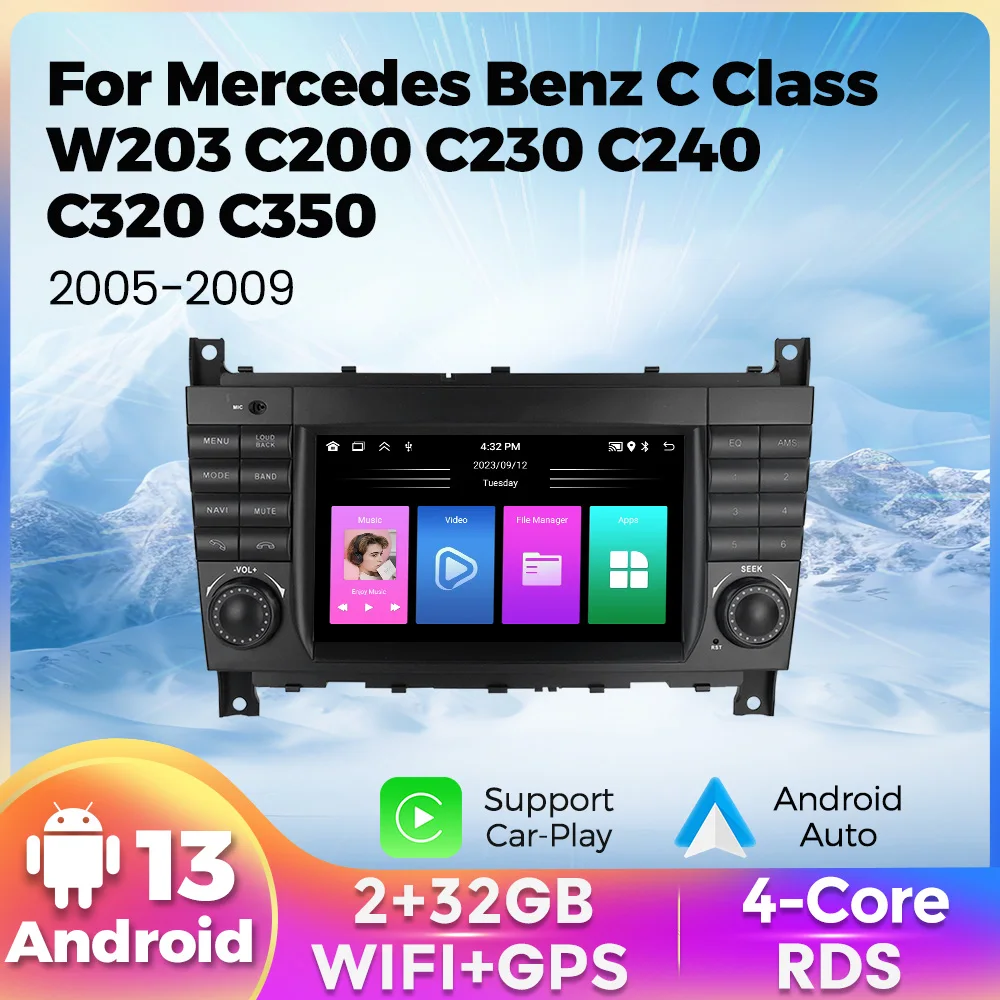 7Inch 2Din Wireless CarPlay Android Auto Car Radio Multimedia Player For Mercedes Benz C Class W203 C200 C180 C220 CLK240 CLK320