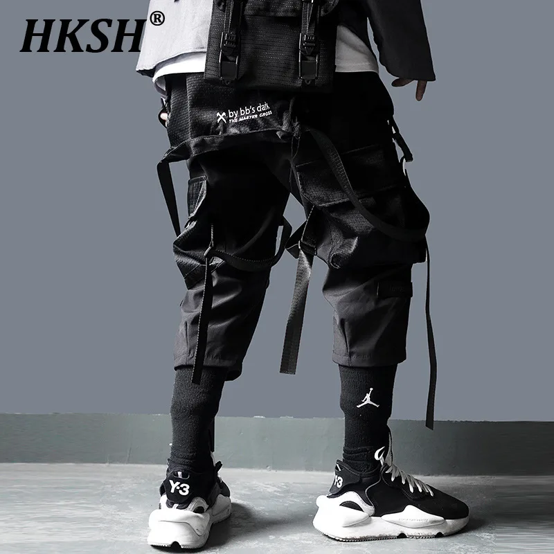 

HKSH Men's Tide Tactical Cargo Pants Functional Style Women's Mesh Multi Pockets Overalls Trendy Dark Overalls Fashion HK0042