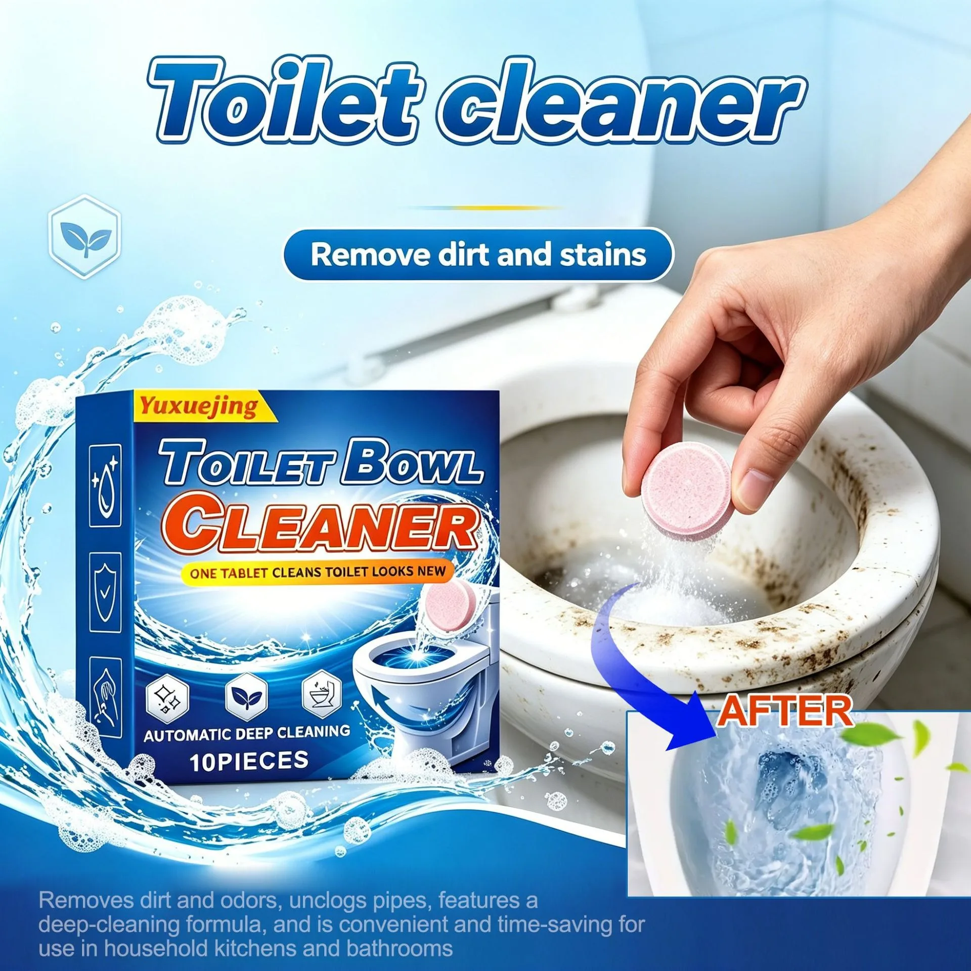 Instant Toilet Cleaning Effervescent Tablets for Cleaning, Deodorizing, and Decomposing Urine and Water Stains