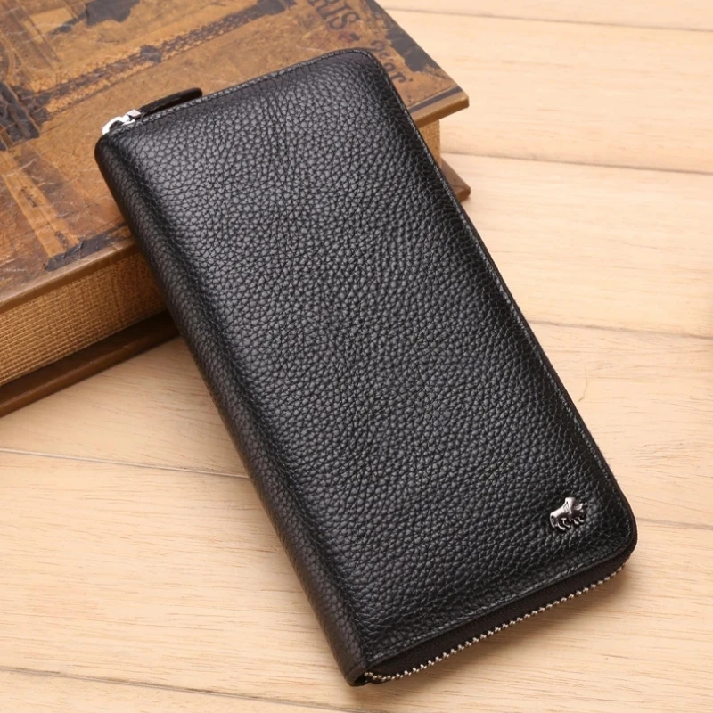 BISON DENIM Genuine Cowskin Leather Long Wallet RFID Blocking Clutch Bag Wallet Card Holder Coin Purse Zipper Male Long Wallets