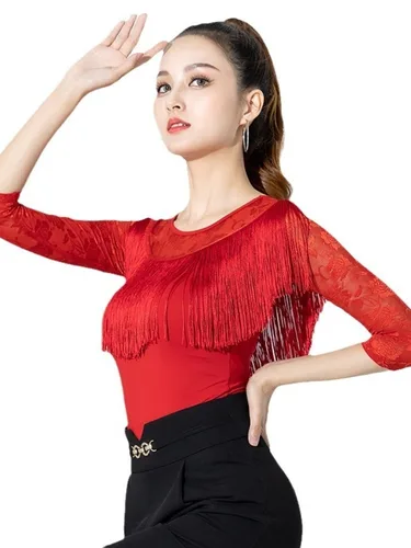 Imagen 1 del producto Pelele de baile latino ajustado con retazos de encaje, disfraz de mujer adulta, hermoso traje de línea de competición de Color sólido de Jazz, Tops 2025