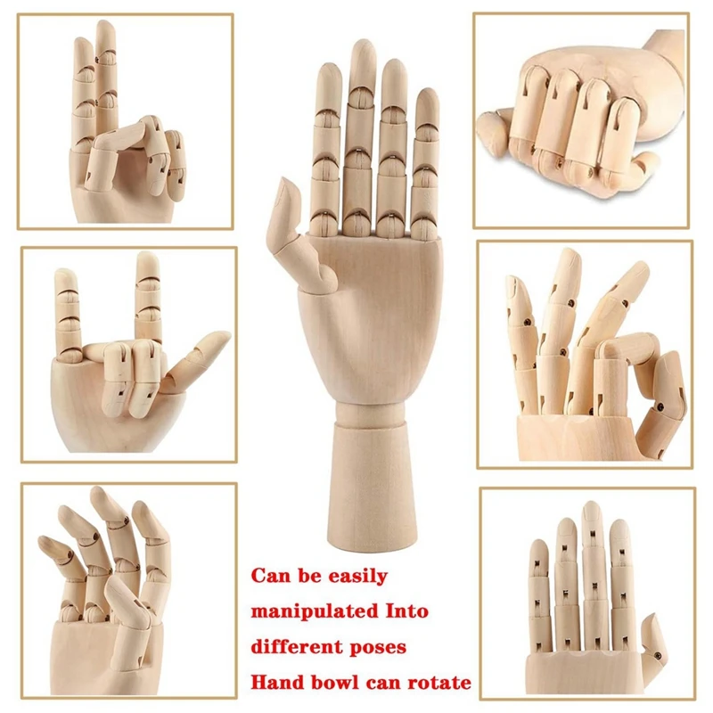 PWS Wooden Hand Model, 2 PCS, 12 Inches Left And Right Hand Art Mannequin Figure With For Hand Jewelry Display, Decoration