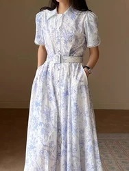 Korean Chic Blue Printed Long Dress Women Summer French Ink Painting Printed Elegant Party Dresses Ladies Belt Long Robe Vestido